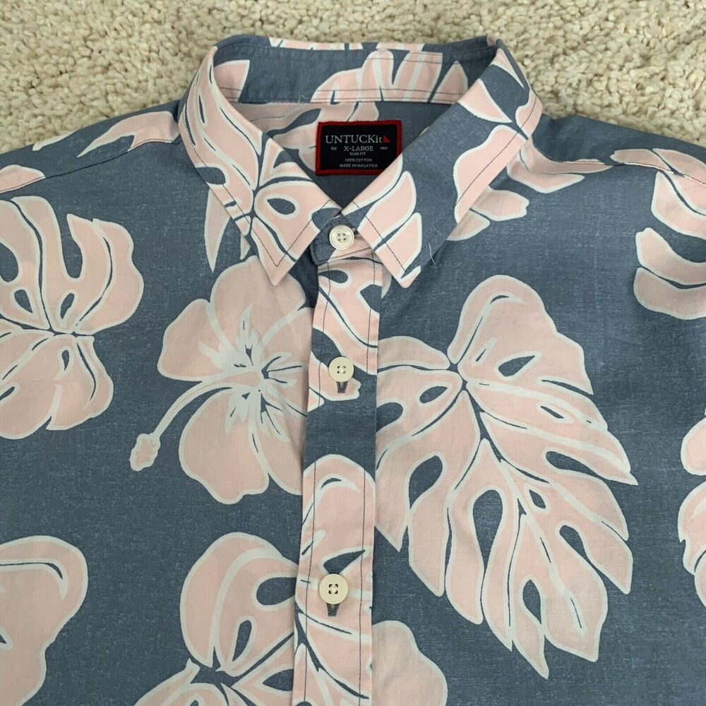 UNTUCKit Shirt Mens XL Floral Gray Pink Hawaiian Slim Fit Cotton Button Up - Picture 3 of 7